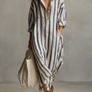 Bohemian-Chic Vertical Striped Patterned Stripe Elongating Silhouette Maxi Dress