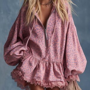 Elegant Western Hooded Front Zipper Ruffled Hem Pink Leopard Print Fuax Suede Mini Dress