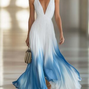 Elegant Flowing V-Neck Pleated Lightweight Chiffon Blue Gradient Maxi Dress for Women