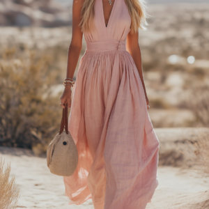 Effortless Bohemian Halter Neck Breathable Linen Sleeveless Comfort Everyday Dress