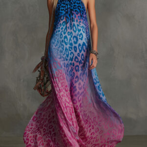 Women’s Gradient Leopard Print Chiffon Maxi Dress – Sleeveless High Neck Elegant Dress