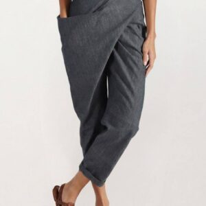 Women's Cropped Tapered Trousers with High Waist and Wrap Front