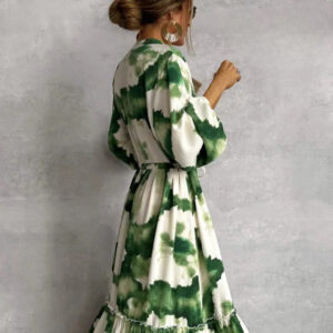 Stylish Green And White Tie-Dye Belted Long Sleeve Tiered Ruffle Maxi Dress