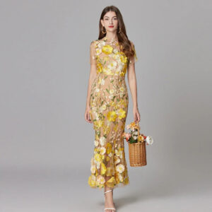 Women’s Sheer Mesh Maxi Dress – Elegant 3D Floral Handcrafted Appliqué Luxury Dress