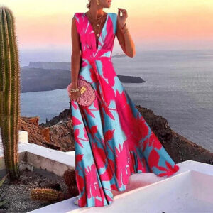 Women’s Tropical Floral Maxi Dress – Deep V-Neck Statement Colorful Print Dress