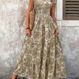 Women’s Bohemian Paisley Maxi Dress – Embellished Smocked Waist Tiered Dress