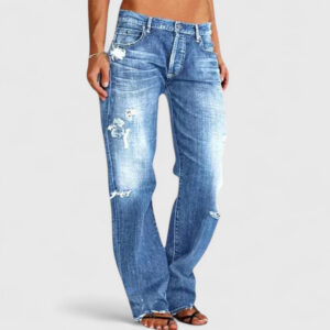 Women's Distressed Straight Leg Jeans with Low Rise and Classic Fit