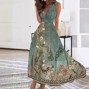 Women’s Floral Print Maxi Dress – Luxurious V-Neck Sleeveless Button Trim A-Line Dress