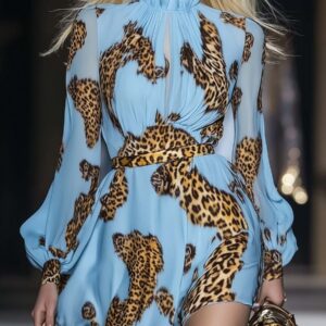 Elegant Personality Leopard Print Sky Blue Chiffon Mini Dress