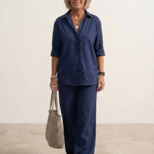 Women's Button-Down Shirt with Wide-Leg Trousers Set