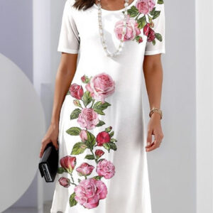 Women's Floral Print Dress with Short Sleeves and A-Line Silhouette
