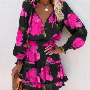Effortlessly Chic V-Neck Floral Print Smocked Waist Tiered Ruffle Hem Accent Dress