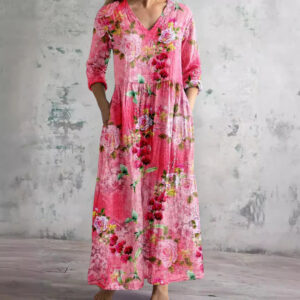 Women's Floral V-Neck Maxi Dress with Flowing Skirt and Adjustable Straps