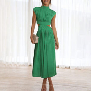 Effortless Flattering Halter Neck Linen Blend Draped Breezy Dress For Summer Evenings