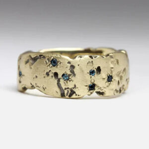 Women's Vintage Hammered Gold Ring with Blue Inlay and Unique Design