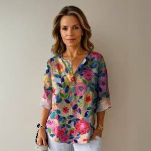 Women's Floral Print Blouse with Short Sleeves and Lightweight Fabric