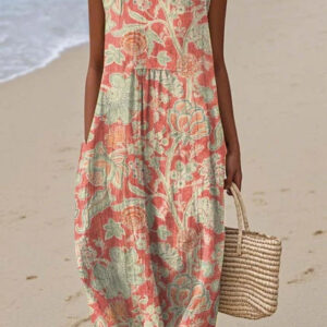 Effortless Luxurious Bohemian Antiqued Floral Print Pockets Silhouette Midi Dress